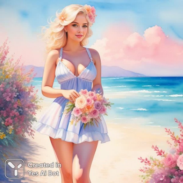 Блондинка с розой на морском побережье: искусство моды и фэнтези в стиле Ni.N. Картинка из нейросети Stable Diffusion