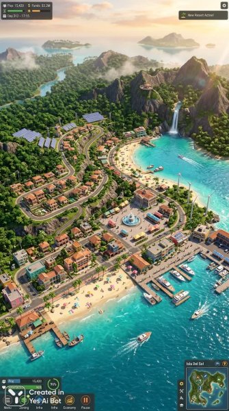 Тропический рай: ожившая картина идеального прибрежного города в 3D. Изображение из нейронной сети Nano-Banana