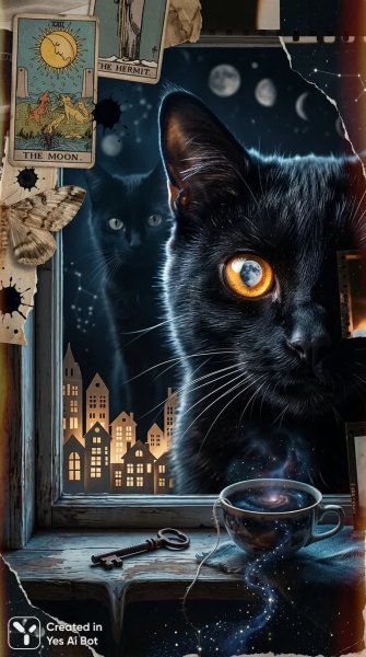 Кошачий сон: сюрреалистичная коллажность одиночества и домашнего уюта в ночной тишине. Генерация из нейросети Nano Banana