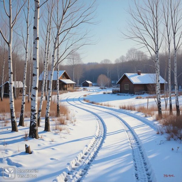 Зимний пейзаж в стиле импрессионизма: бирюзовая тишина заснеженного леса и далекие дома. Нейросеть Flux Ai