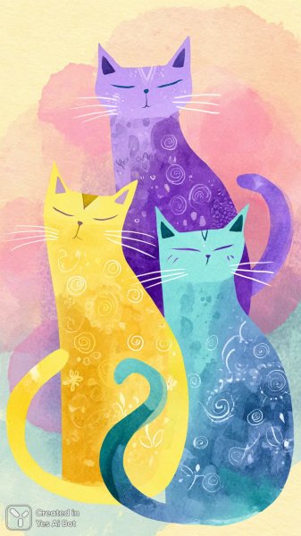 Веселые коты в ярких красках и окружении цветов. Нейросеть Midjourney