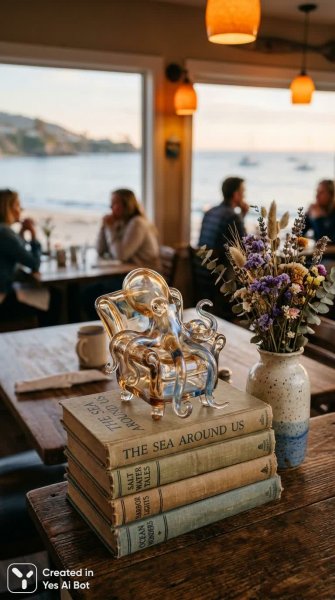Уютное кафе у моря: прозрачное кресло и изящные детали. Картинка из нейронной сети NanoBanana