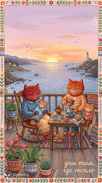 Утро на балконе: кошачья семья и домашний уют у моря. Картинка из нейросети Нано Банана