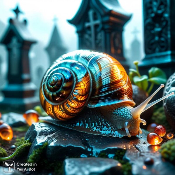 Скелетная улитка в средневековом склепе: гиперреалистичное цифровое искусство с завораживающей детализацией. Картинка из нейронной сети Stable Diffusion