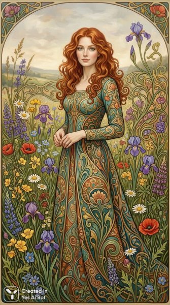 Огненная красота в стиле модерн среди полевых цветов. Нейросеть NanoBanana