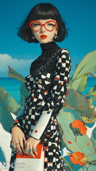 Яркий портрет девушки в стиле поп-арт и современной живописи с морем позади. Нейросеть Midjourney