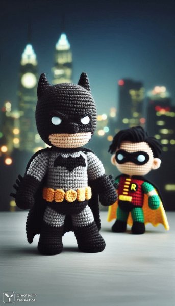 Амигуруми: Бэтмен и Робин из крошечного Готэма в стиле вязаных игрушек. Изображение из нейронной сети Dalle 3