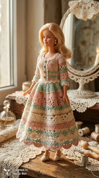 Барби в кружевном платье ручной работы: нежная ностальгия и мастерство исполнения. Картинка из нейросети Nano-Banana