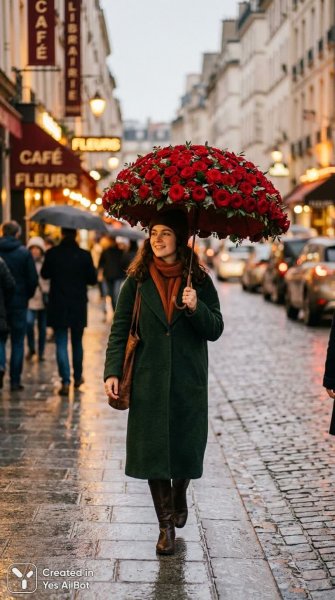 Девушка под зонтом из красных роз, городская романтика. Изображение из нейронной сети Нано Банана