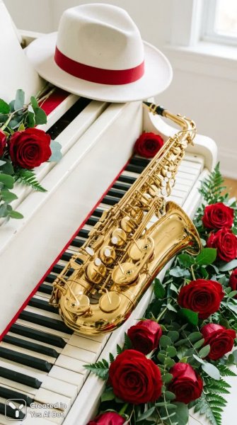 Музыкальное великолепие: саксофон, роза и пианино. Генерация из нейросети Nano-Banana