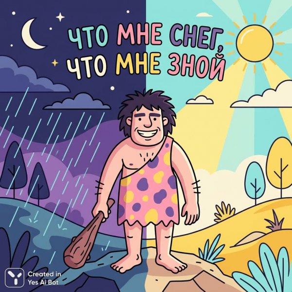 Первобытный оптимист: между ночью и солнцем в ярких красках. Картинка из нейросети Nano-Banana