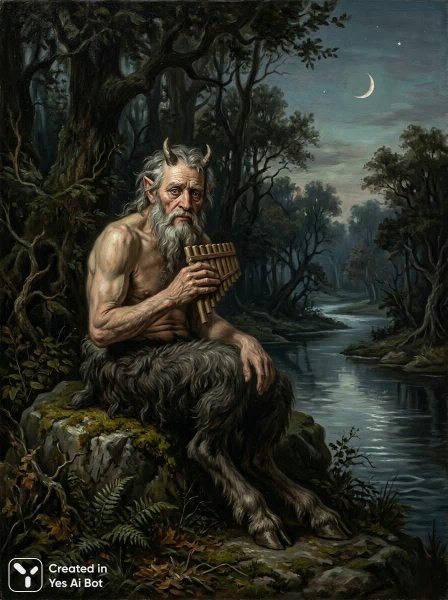 Мудрый сатир в сумрачном лесу: размышления о прожитой жизни и тихой грусти. Нейронная сеть Nano-Banana