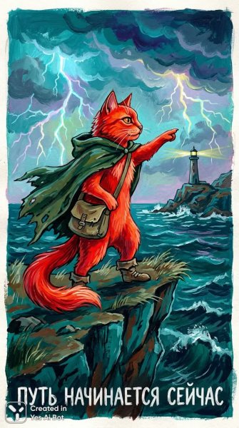 Красный кот-путешественник и маяк надежды. Генерация из нейросети Нано Банана