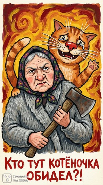 Ворчливая бабушка и плачущий кот – забавный народный сюжет. Картинка из нейросети NanoBanana