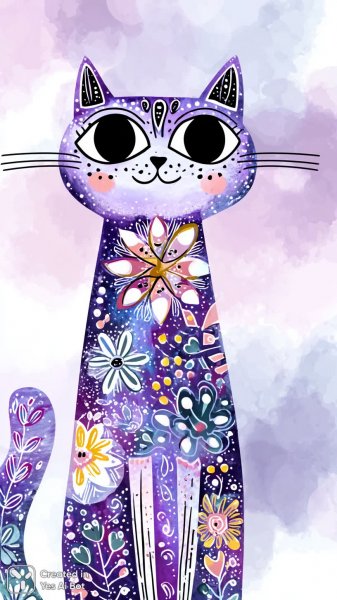 Фиолетовый кот с яркими глазами и узорами в стиле детской иллюстрации. Картинка из нейросети Midjourney