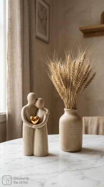 Керамическая пара и золотое сердце в интерьере минимализма. Изображение из нейронной сети Нано Банана