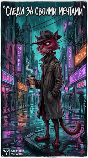 Кошачий детектив на неоновом перекрестке: сюрреалистичный взгляд в ночное кино. Нейронная сеть Nano-Banana