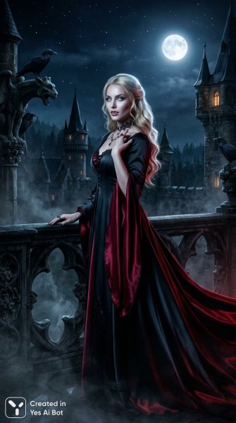 Загадочная вампирша на балконе замка в лунном свете. Картинка из нейронной сети Nano-Banana