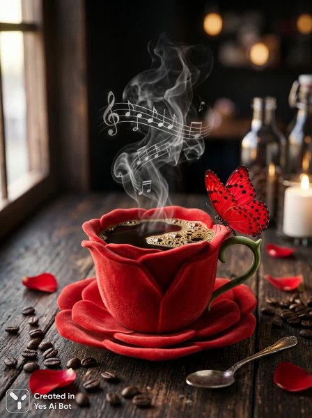 Роза, кофе и бабочка: утреннее вдохновение в деталях. Генерация из нейросети Nano-Banana