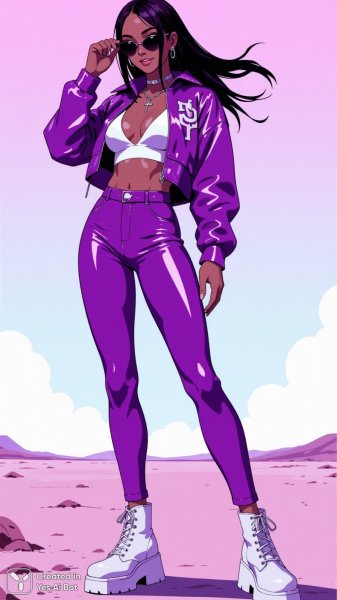 Виниловый блеск: стильный образ на фоне заката и города. Картинка из нейросети Flux Ai