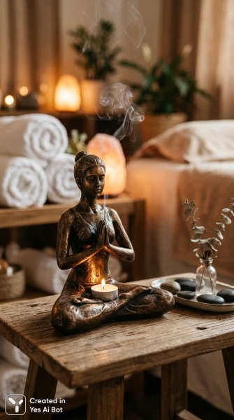 Бронзовая йога: умиротворение и тепло в спа-атмосфере. Генерация из нейронной сети Nano-Banana