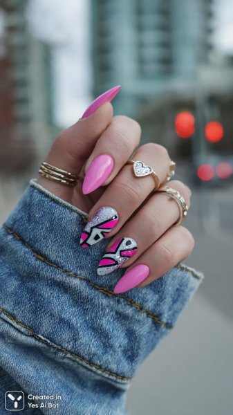 Яркий неоновый маникюр с графическим дизайном и блестящими акцентами. Изображение из нейросети Midjourney