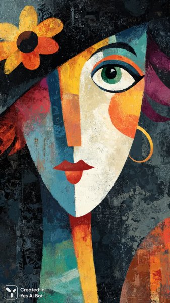 Яркий портрет женщины в стиле африканского абстракционизма и индустриального арта. Картинка из нейросети Миджорни