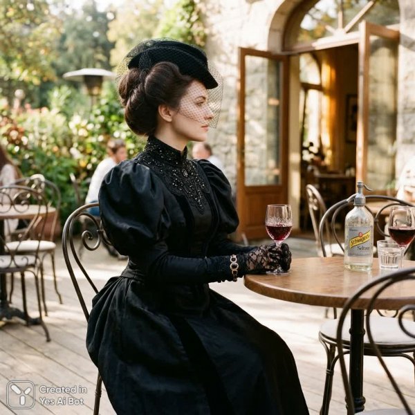 Загадочная элегантность: викторианская дама в кафе под лучами солнца. Нейросеть Nano Banana