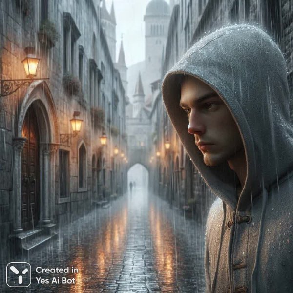 Молодой человек в дождливом средневековом городе. Картинка из нейронной сети Dalle 3