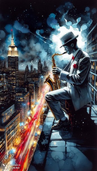 Джазовая импровизация на крыше небоскреба в стиле акварели. Нейросеть Далли 3