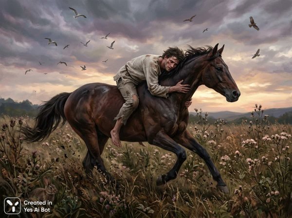 Израненный всадник и дикий скакун на фоне бурного рассвета или заката. Картинка из нейросети Nano Banana