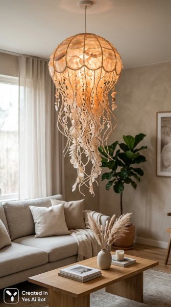 Изящная люстра-медуза в современном интерьере. Генерация из нейросети Nano Banana