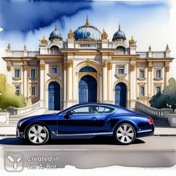 Изысканный Bentley у роскошного дворца в синем великолепии. Генерация из нейронной сети Stable Diffusion