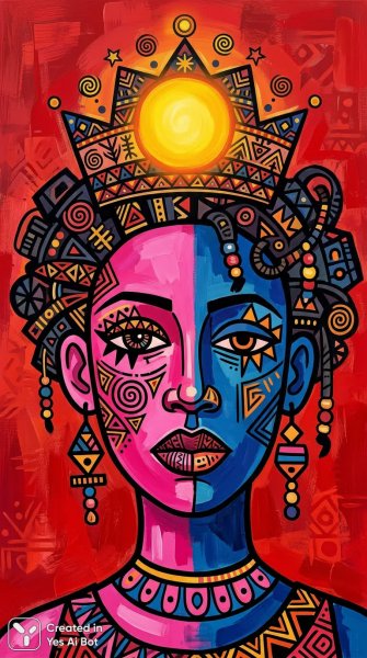 Яркий портрет: африканские мотивы и символы солнца в акриловой иллюстрации. Нейросеть Нано Банана