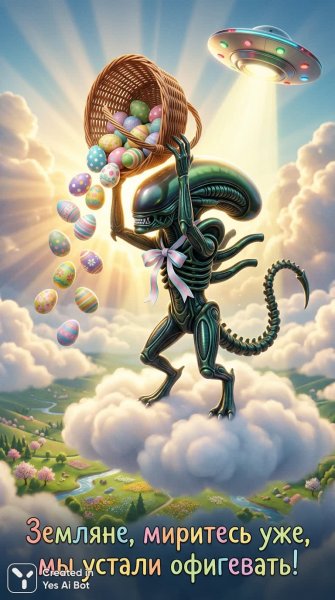 Ксеноморф с пасхальными яйцами: Необычное послание землянам из космоса. Генерация из нейронной сети Nano Banana