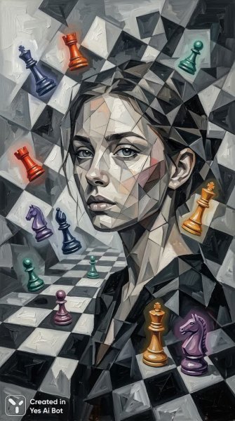 Лицо и шахматы: фрагментация эмоций в кубистической живописи. Картинка из нейронной сети Nano Banana