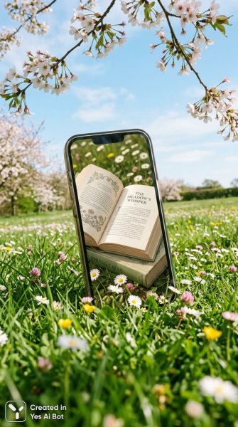 Книга в смартфоне: весеннее чтение на лугу. Генерация из нейросети NanoBanana