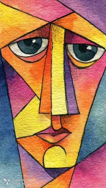 Яркое лицо в стиле абстрактного пэчворка и кубизма. Нейронная сеть Миджорни