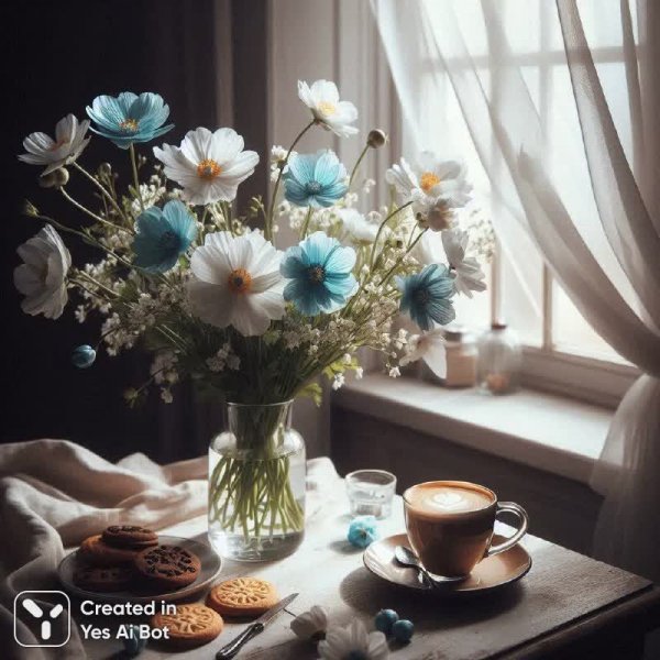 Весеннее утро: уют, цветы и аромат свежего капучино. Нейронная сеть Dalle 3
