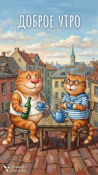 Утро на крыше: чайная пауза двух рыжих котов в уютном стиле наивного искусства. Генерация из нейронной сети Nano-Banana