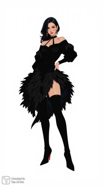 Элегантность и гламур: вечернее платье с перьями и высокие сапоги. Генерация из нейросети Flux 1