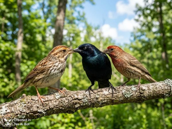 Птицы на ветке дерева: фотореалистичная встреча в природе. Картинка из нейросети NanoBanana