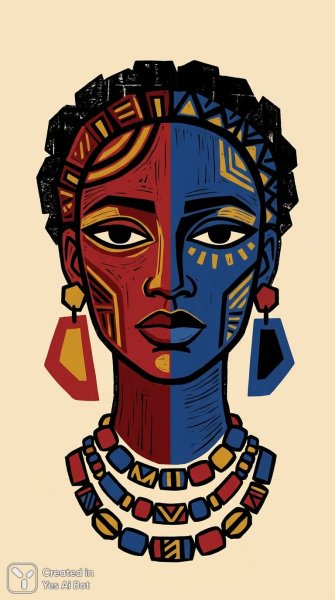 Этнический портрет в стиле линогравюры: разделенное лицо и смелые графические текстуры. Нейросеть NanoBanana