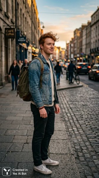 Молодой человек на городской улице в золотой час: портрет с настроением и глубиной. Изображение из нейронной сети Nano Banana