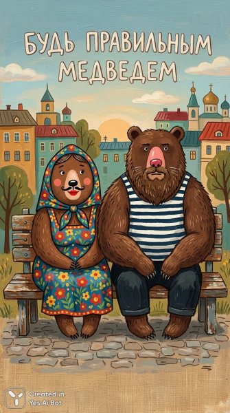 Мишки на скамейке: уютная иллюстрация в народном стиле. Изображение из нейронной сети NanoBanana