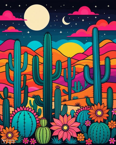 Пустынная ночь: взрыв цвета и наивного искусства. Нейронная сеть Stable Diffusion
