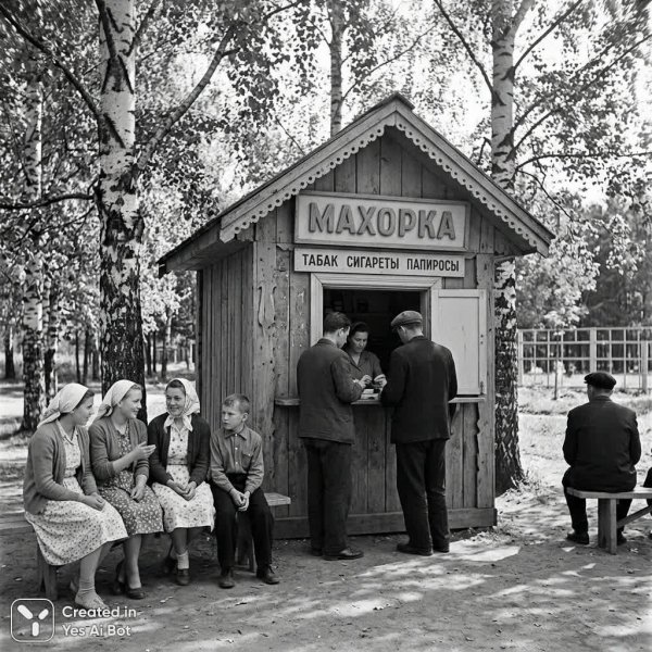 Старинная киоск Махорка: повседневность середины прошлого века в черно-белом фото. Изображение из нейронной сети Nano Banana