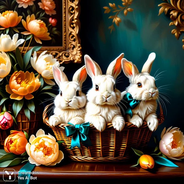 Забавные зайчики в плетеной корзине с пионами на махогани. Генерация из нейросети Stable Diffusion