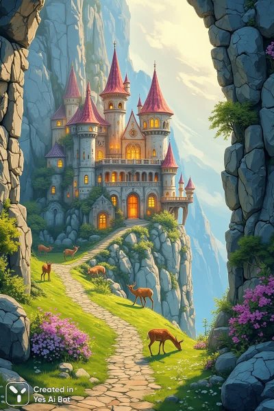 Сказочный дворец у подножия скал: волшебный пейзаж. Изображение из нейросети Flux