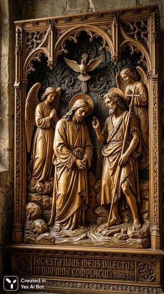 Религиозное древорезное изображение: скорбь и божественное присутствие. Картинка из нейронной сети Nano-Banana